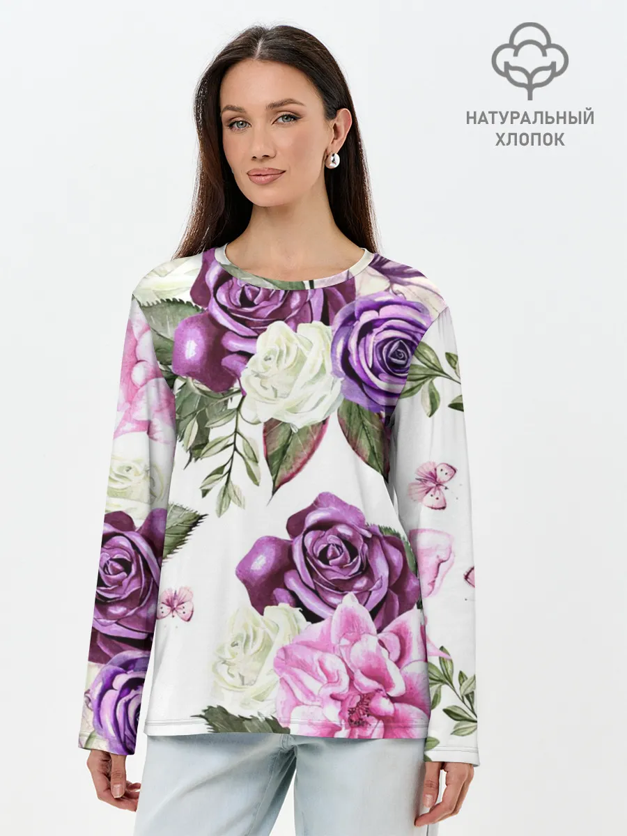 Лонгслив женский. Хлопок / Красивые розы