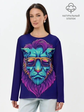 Лонгслив женский. Хлопок / Неоновый лев в очках