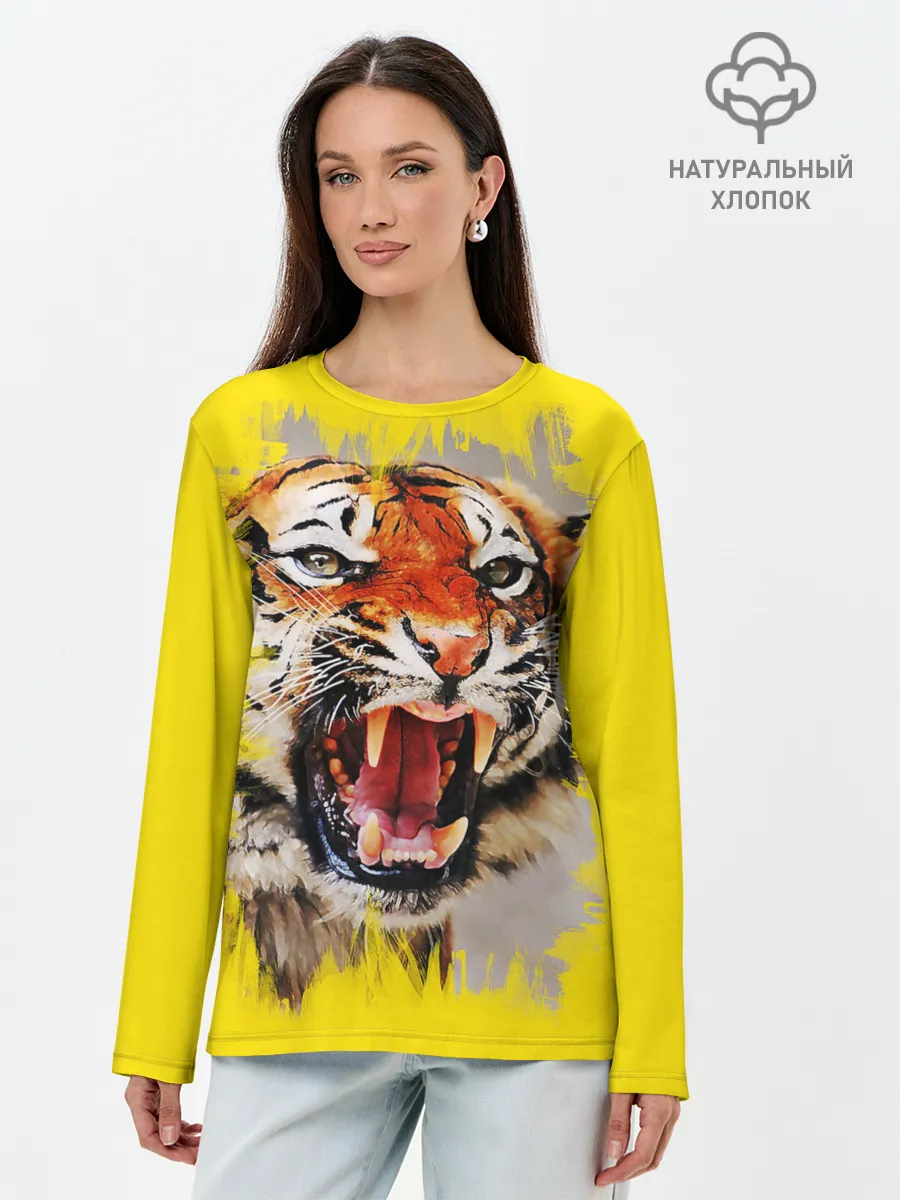 Лонгслив женский. Хлопок / Оскал тигра