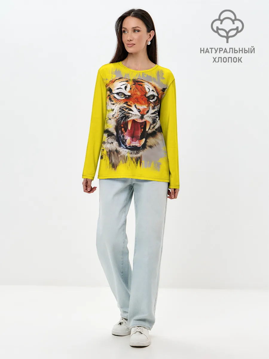 Лонгслив женский. Хлопок / Оскал тигра