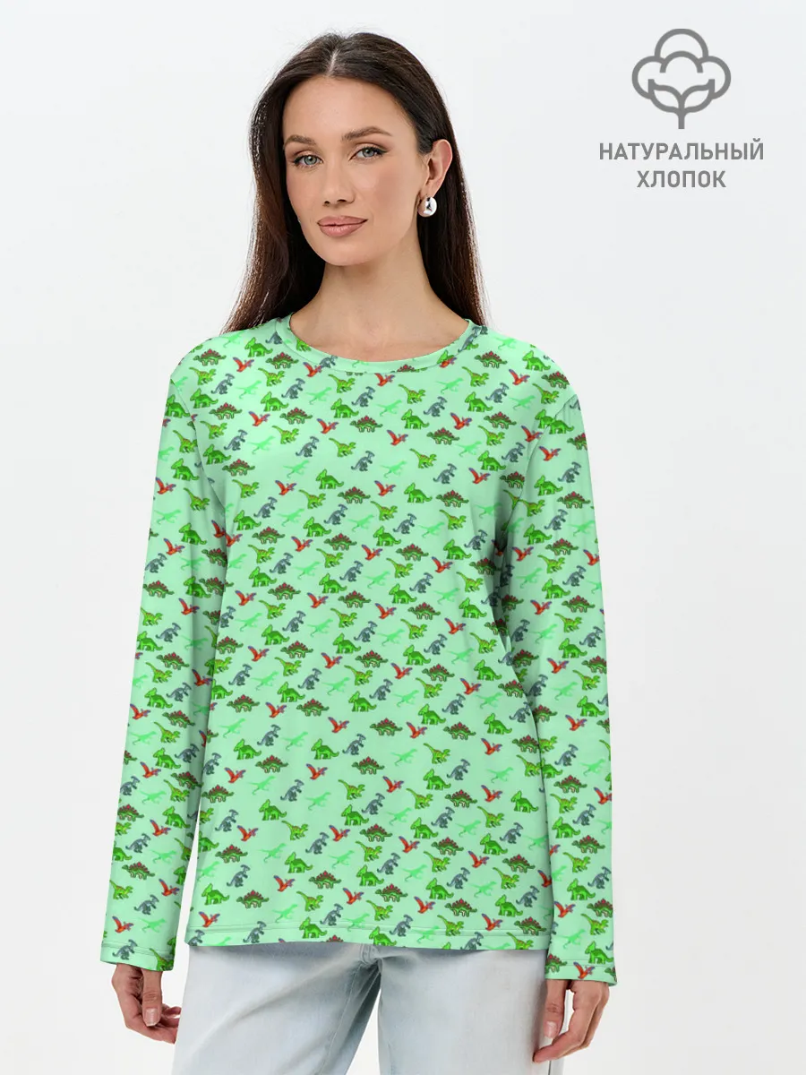 Лонгслив женский. Хлопок / dinosaurs green
