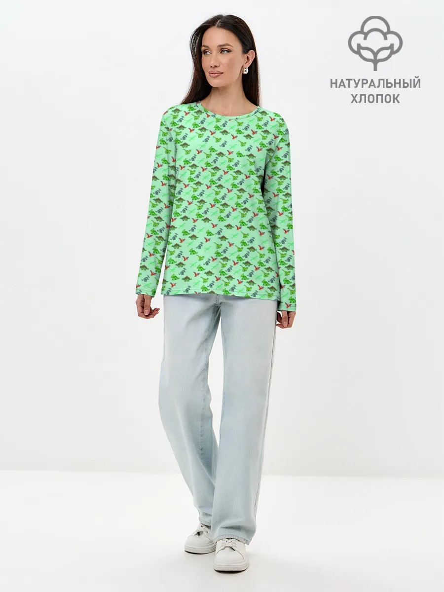 Лонгслив женский. Хлопок / dinosaurs green
