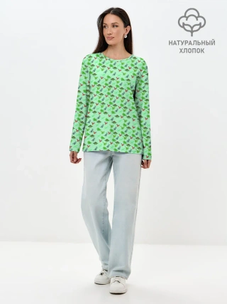 Лонгслив женский. Хлопок / dinosaurs green