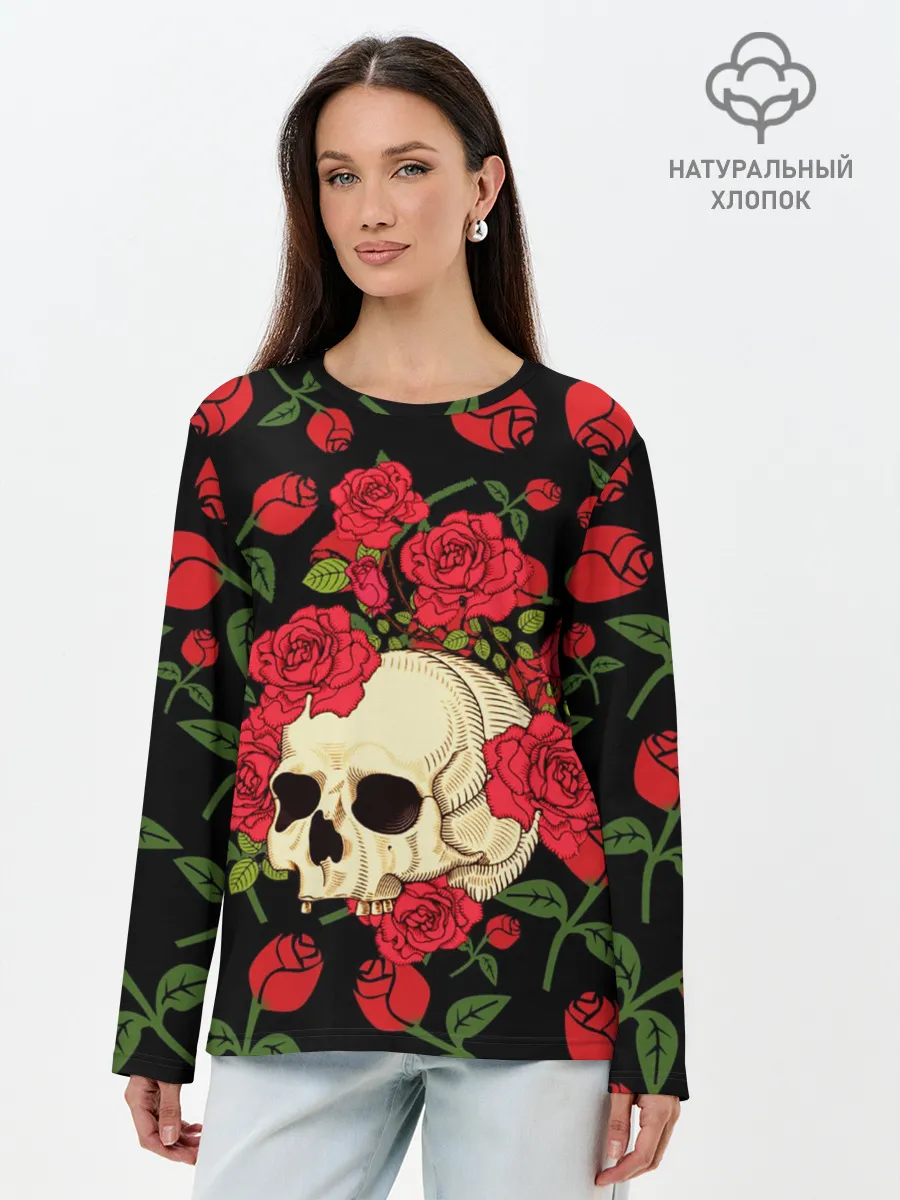 Лонгслив женский. Хлопок / Skull | Roses