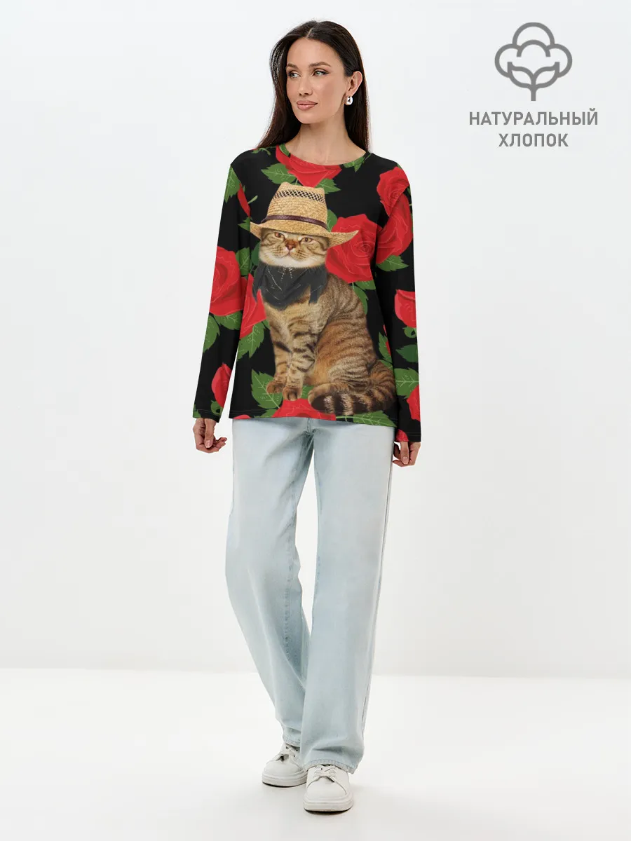 Лонгслив женский. Хлопок / Мачо Котик | Ковбой