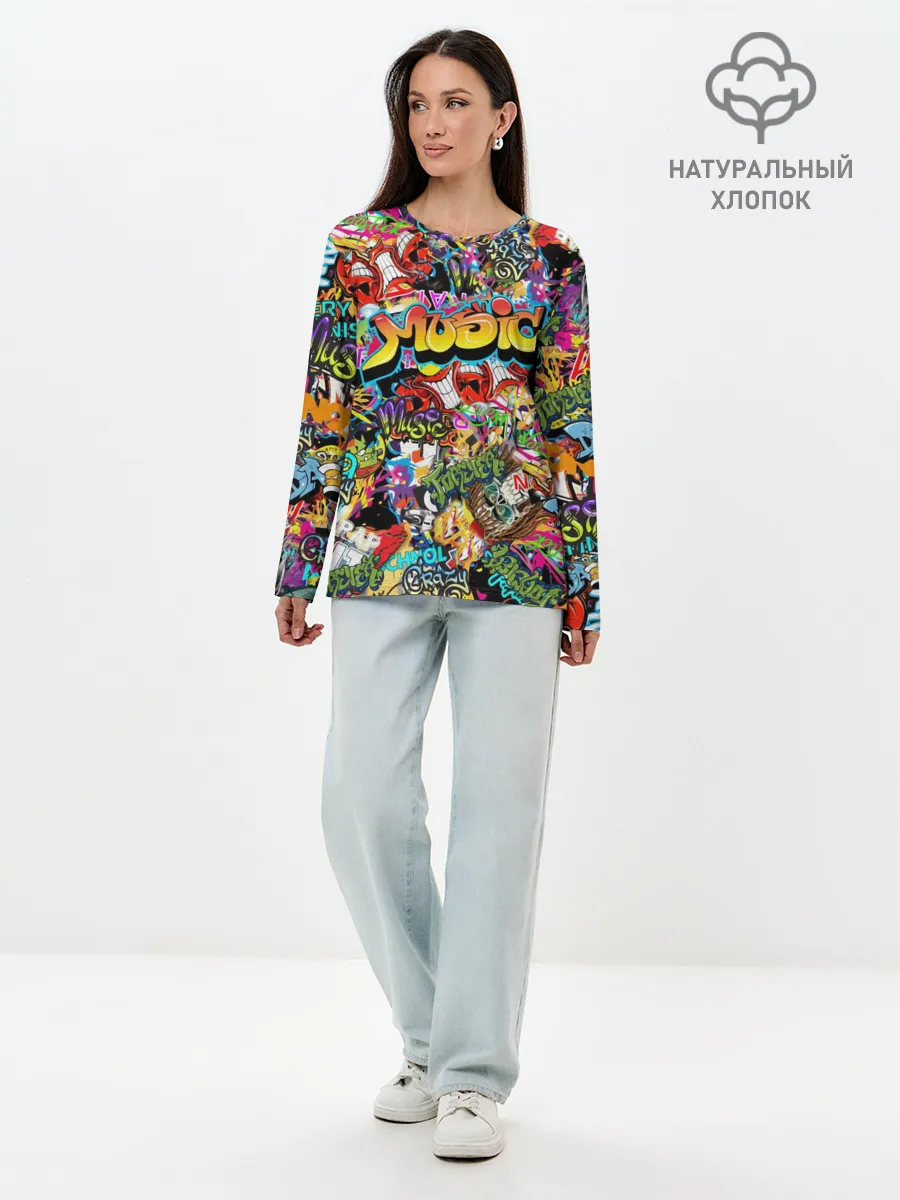 Лонгслив женский. Хлопок / Граффити. Крейзи мьюзик