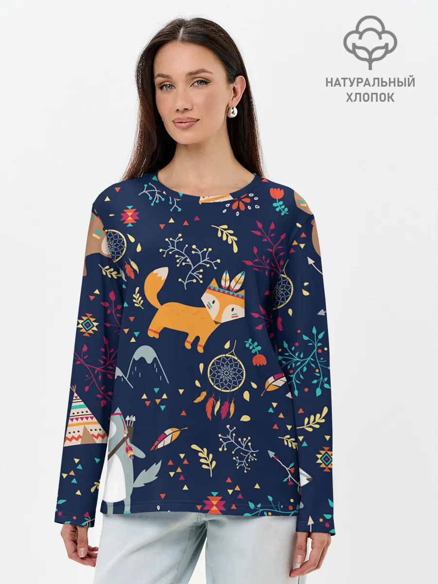 Лонгслив женский. Хлопок / Звери природа индейцы этно
