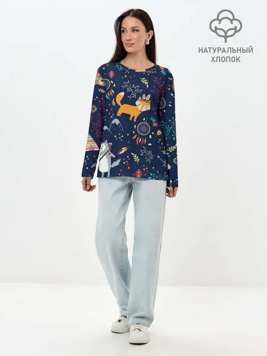 Лонгслив женский. Хлопок / Звери природа индейцы этно