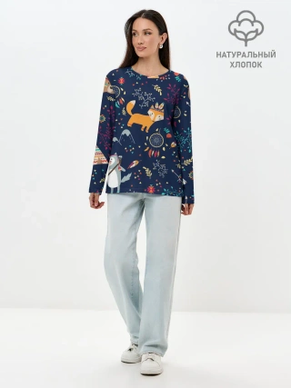 Лонгслив женский. Хлопок / Звери природа индейцы этно