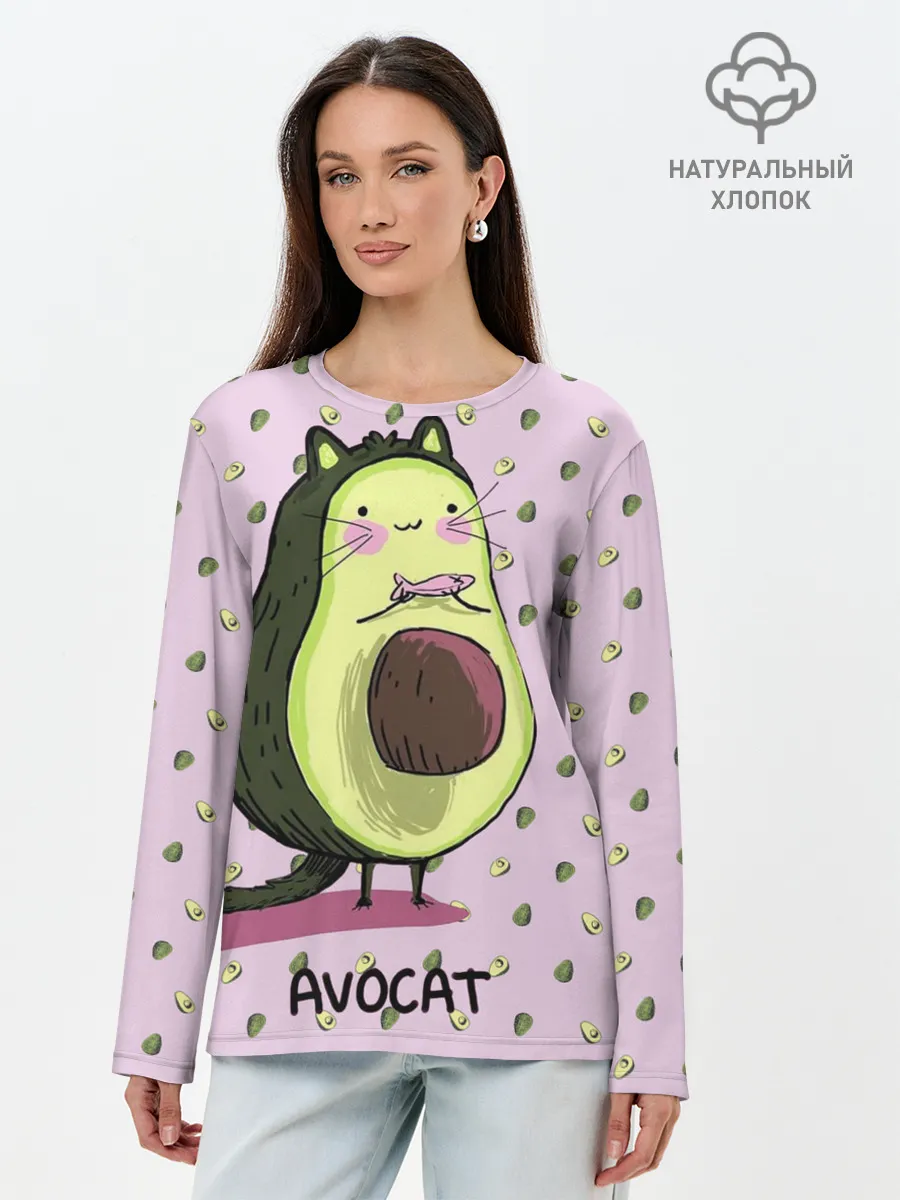 Лонгслив женский. Хлопок / Авокадо Кот
