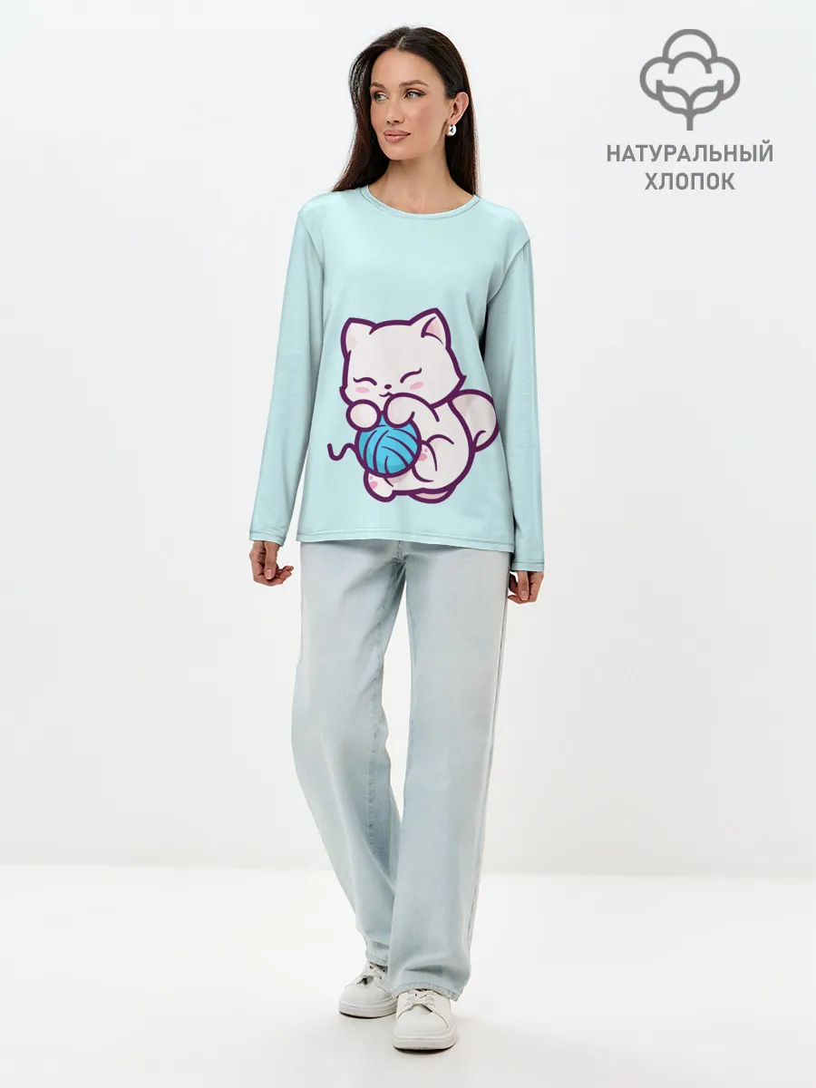 Лонгслив женский. Хлопок / Белый котенок с клубком милый