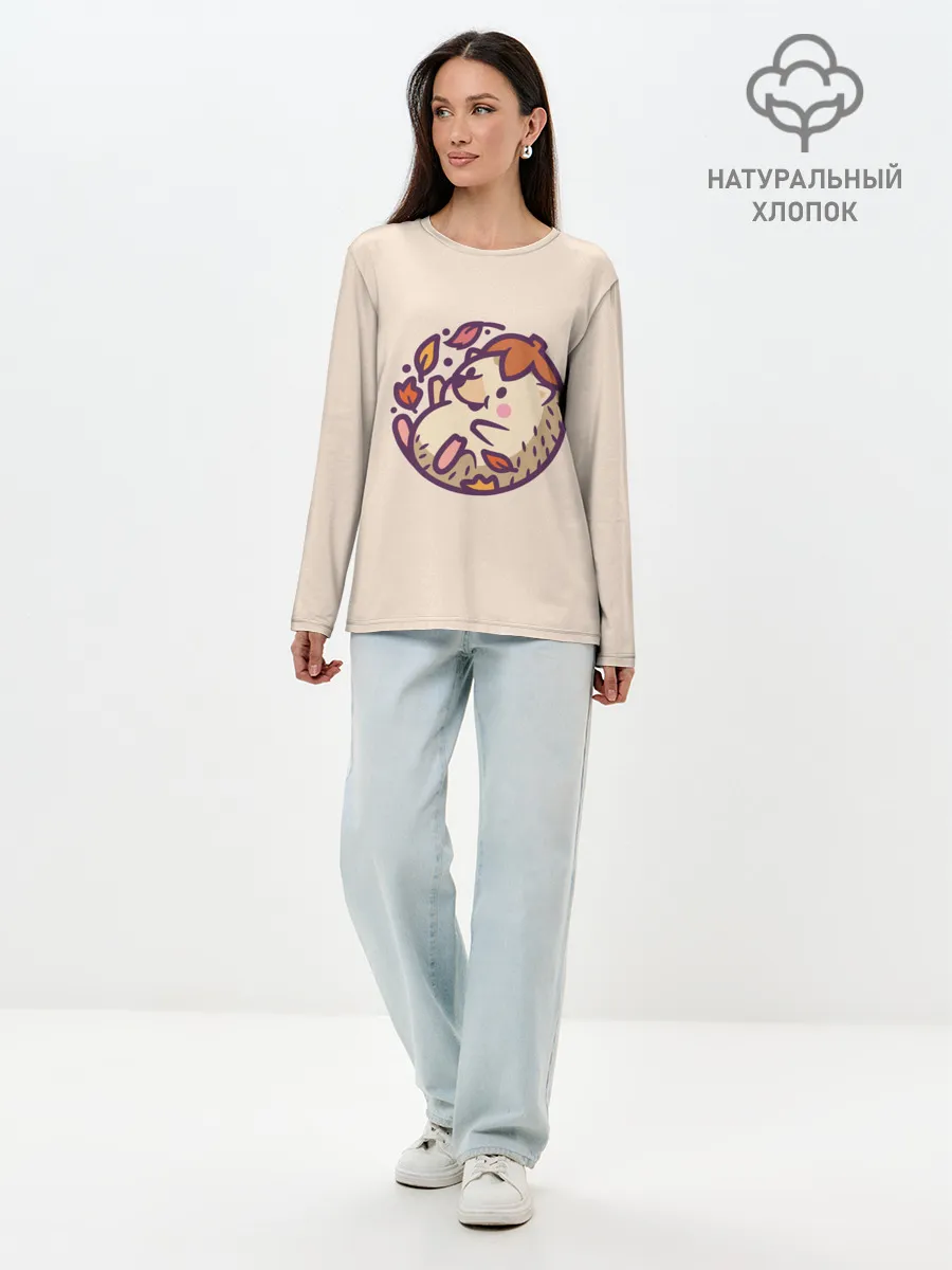 Лонгслив женский. Хлопок / Ёжик листья милый рисунок