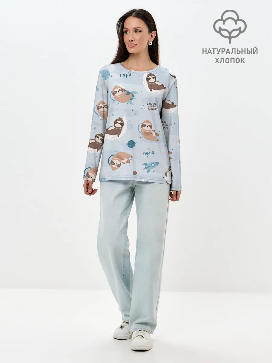 Лонгслив женский. Хлопок / Паттерн ленивец космос полет