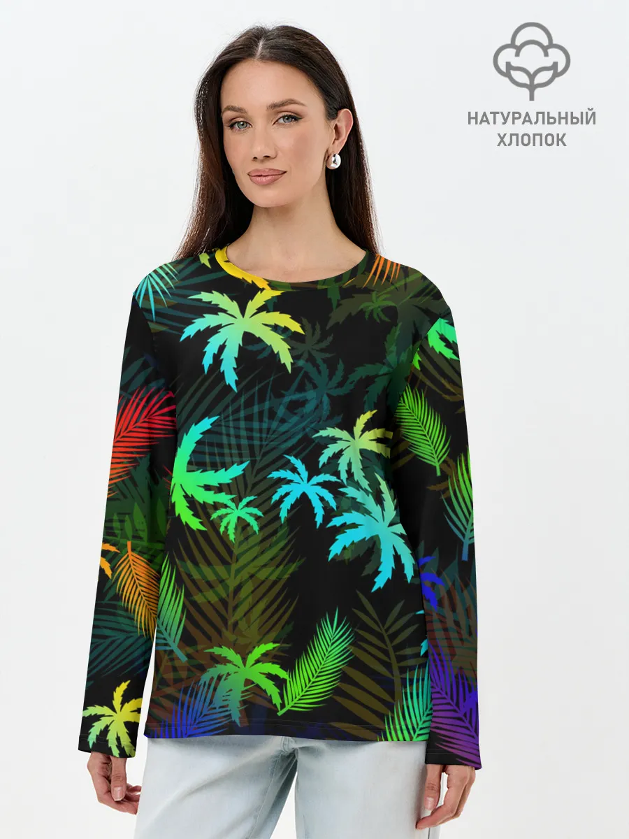 Лонгслив женский. Хлопок / ПАЛЬМЫ / ТРОПИКИ