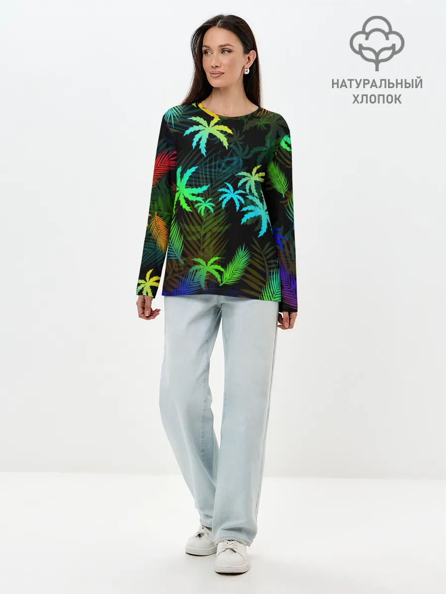 Лонгслив женский. Хлопок / ПАЛЬМЫ / ТРОПИКИ