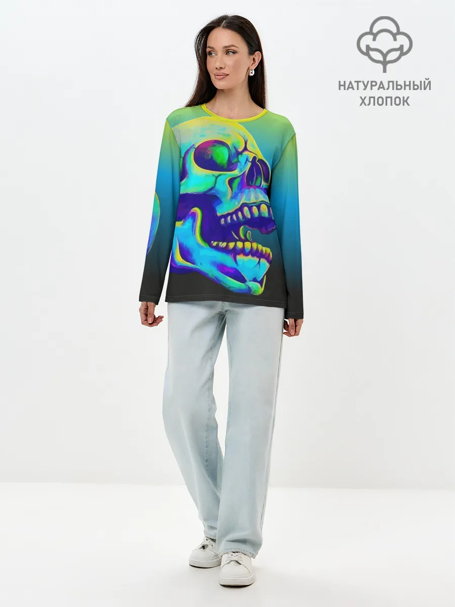 Лонгслив женский. Хлопок / Neon skull