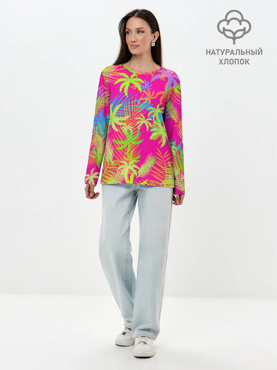 Лонгслив женский. Хлопок / ПАЛЬМЫ / ТРОПИКИ