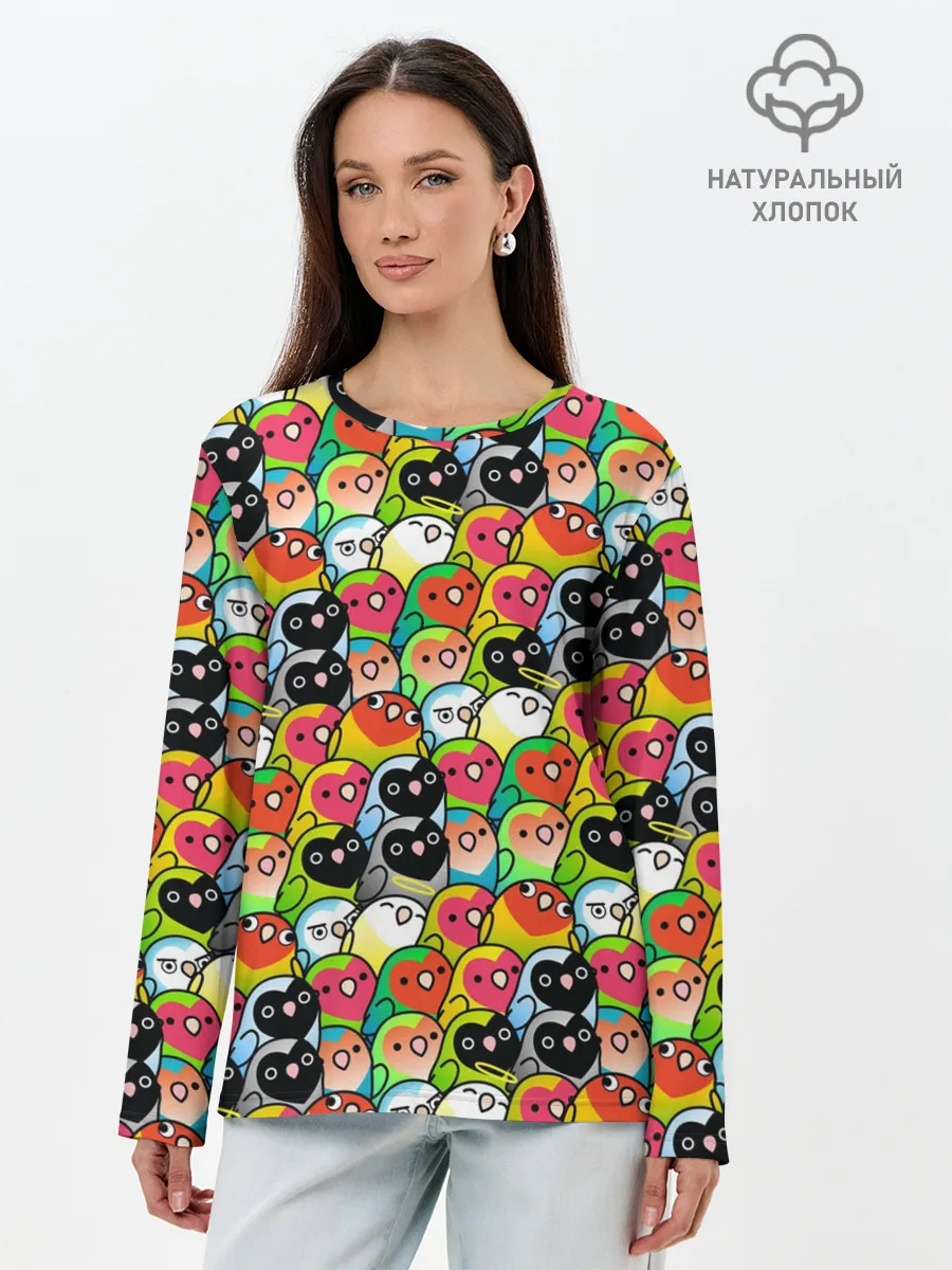 Лонгслив женский. Хлопок / Папуги