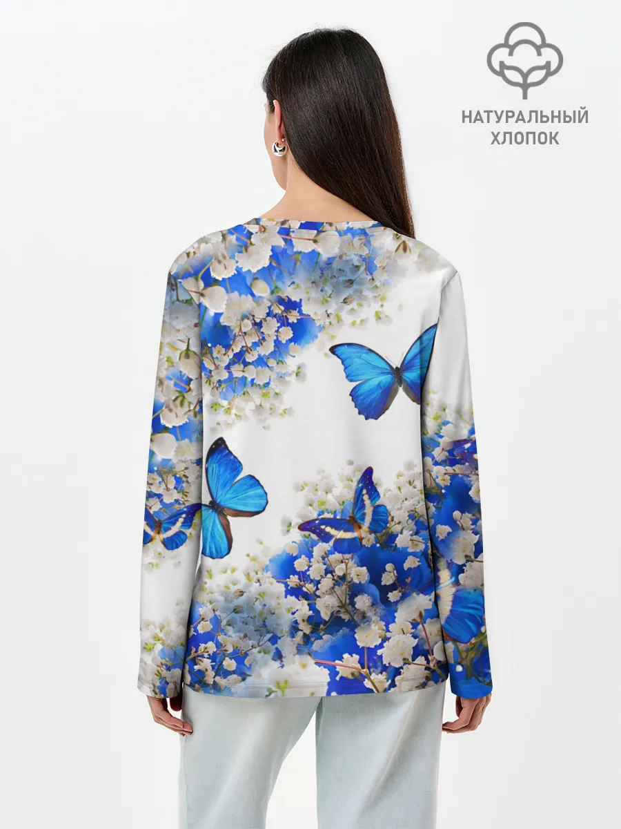 Лонгслив женский. Хлопок / Butterfly | Blue White