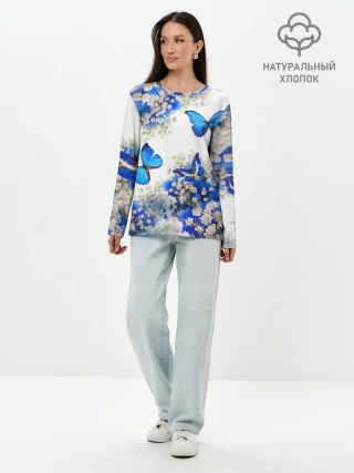 Лонгслив женский. Хлопок / Butterfly | Blue White