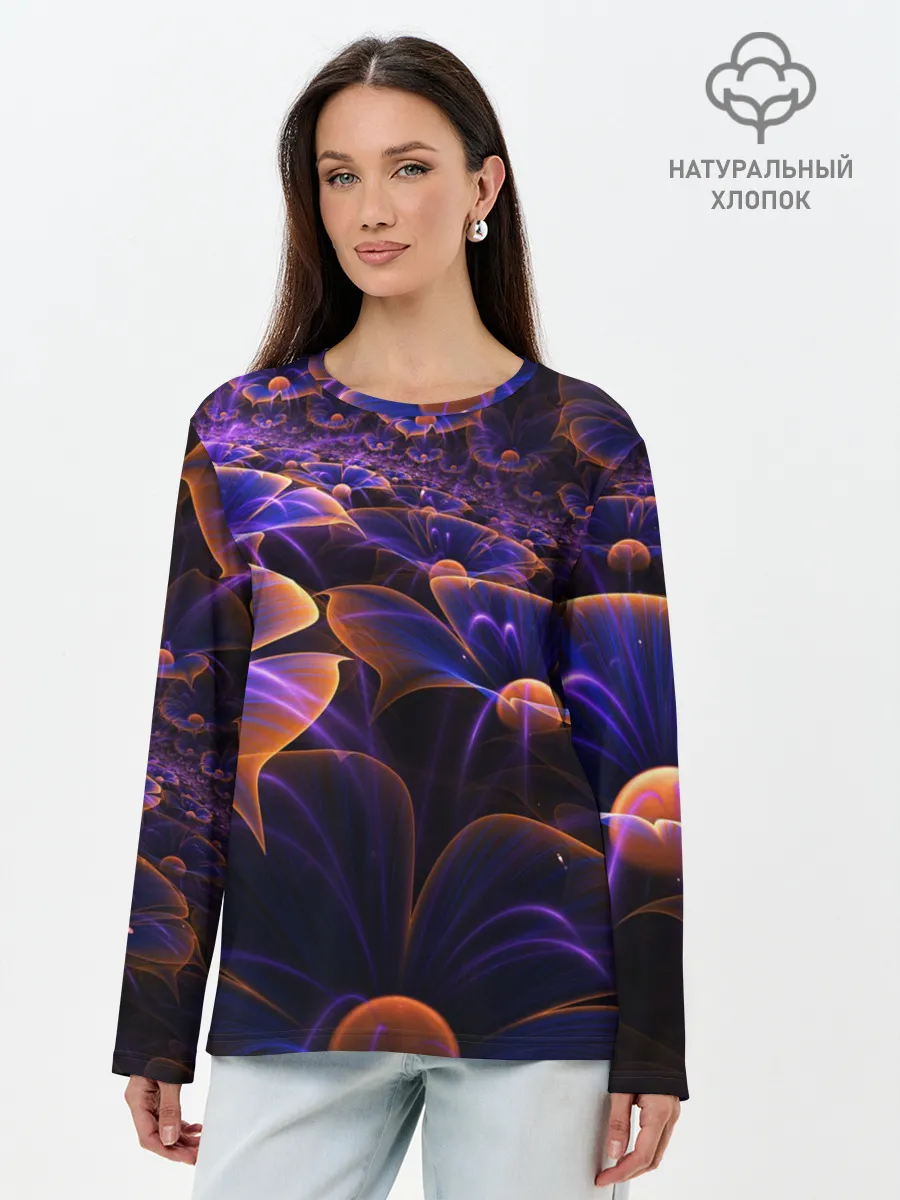 Лонгслив женский. Хлопок / Цветки во тьме