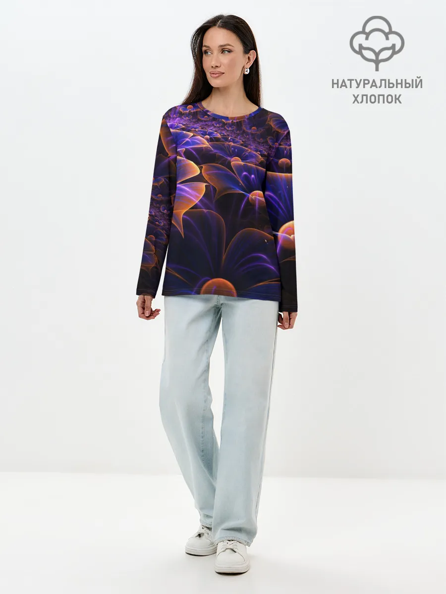 Лонгслив женский. Хлопок / Цветки во тьме