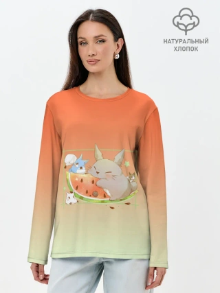 Лонгслив женский. Хлопок / Семейство Тоторо ест арбуз