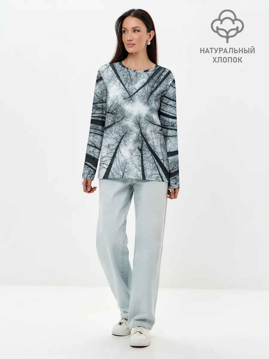 Лонгслив женский. Хлопок / Деревья вид снизу мрачный