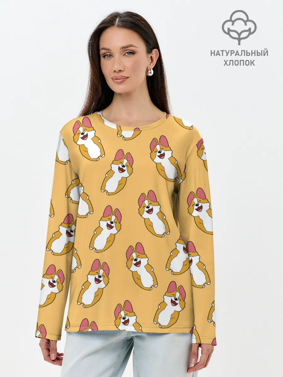 Лонгслив женский. Хлопок / Радость Корги паттерн