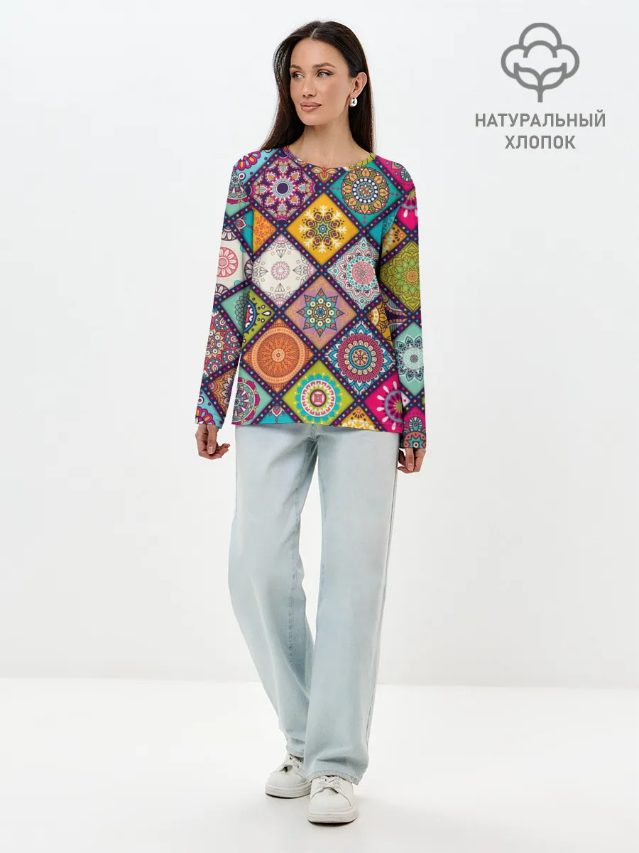 Лонгслив женский. Хлопок / Узоры мандалы