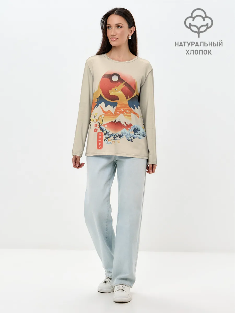 Лонгслив женский. Хлопок / Чаризард и покебол