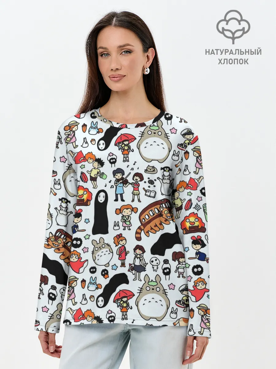 Лонгслив женский. Хлопок / Персонажи Миядзаки паттерн