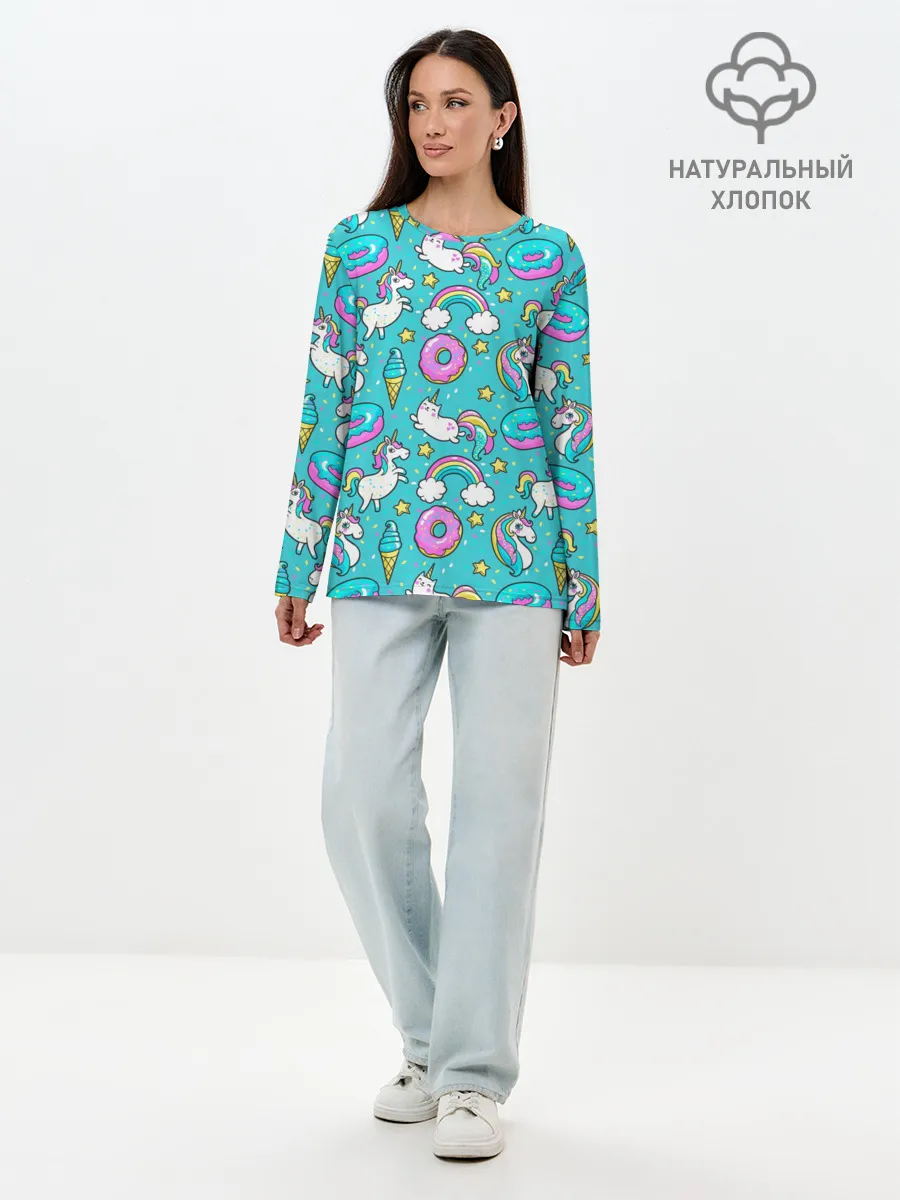 Лонгслив женский. Хлопок / Turquoise unicorn