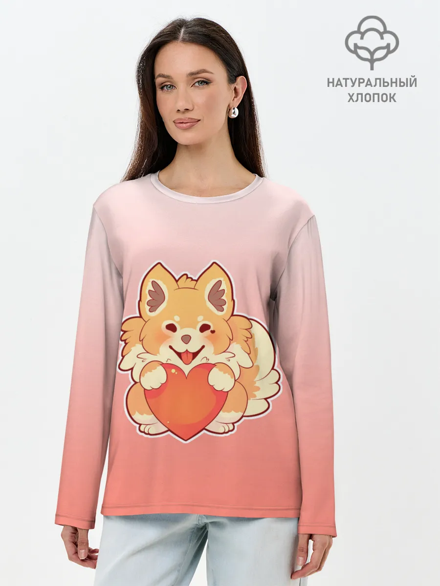 Лонгслив женский. Хлопок / Собака корги сердечко милота