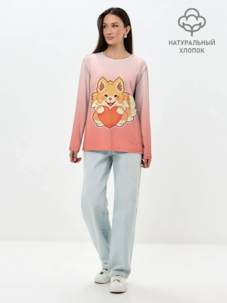 Лонгслив женский. Хлопок / Собака корги сердечко милота