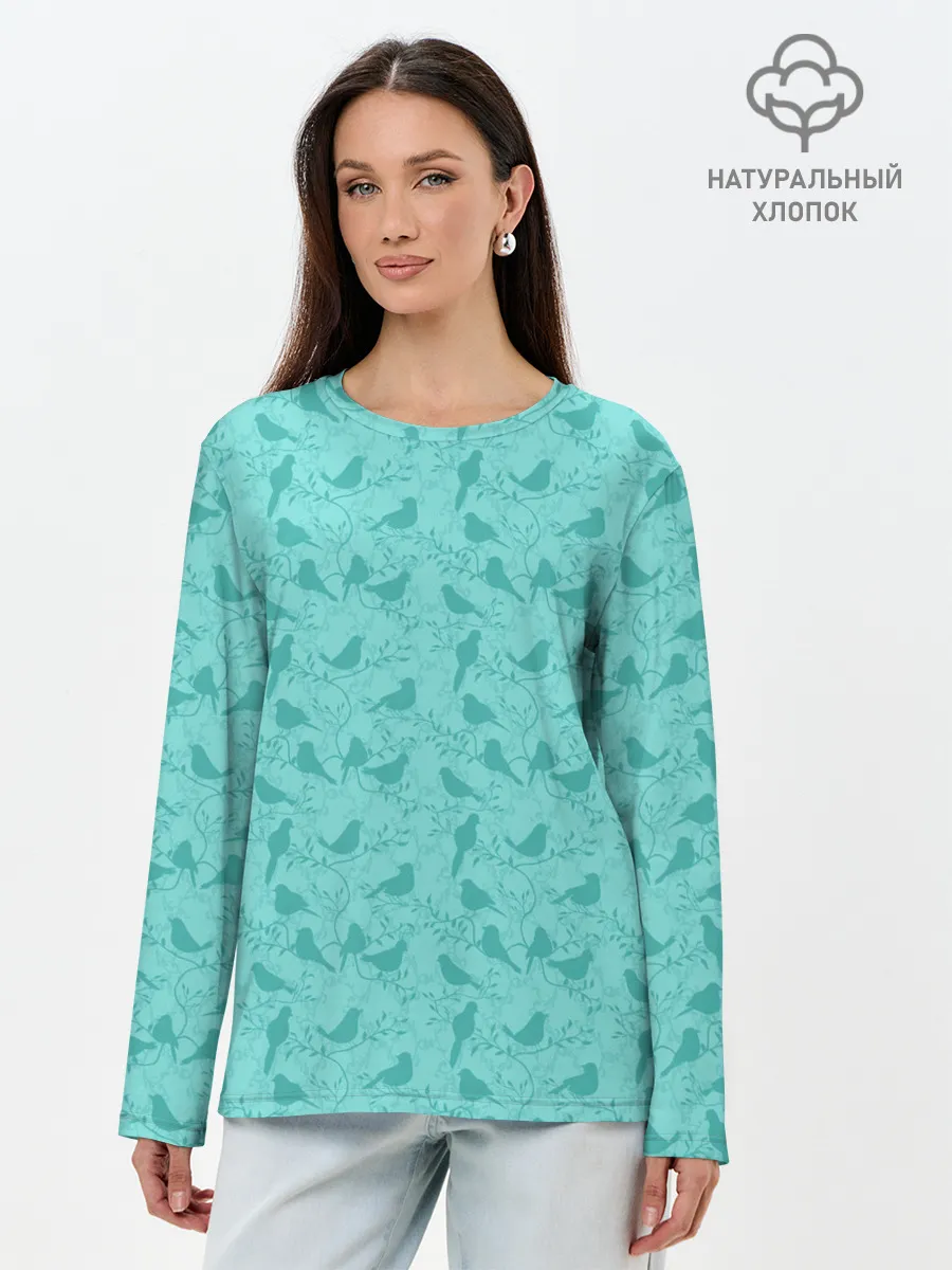 Лонгслив женский. Хлопок / Зеленые птицы летний узор