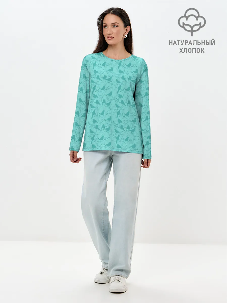 Лонгслив женский. Хлопок / Зеленые птицы летний узор