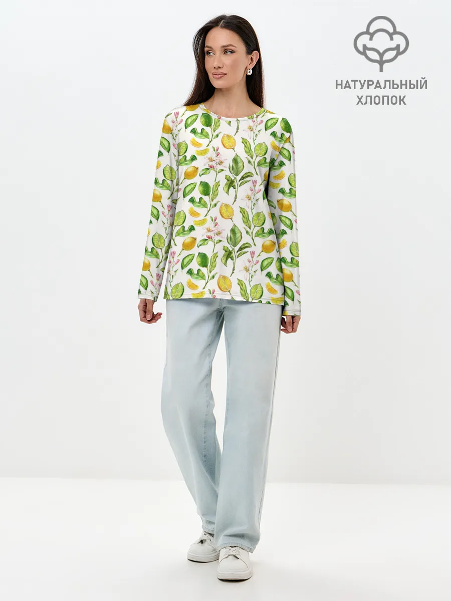 Лонгслив женский. Хлопок / Летний узор лимон ветки листья