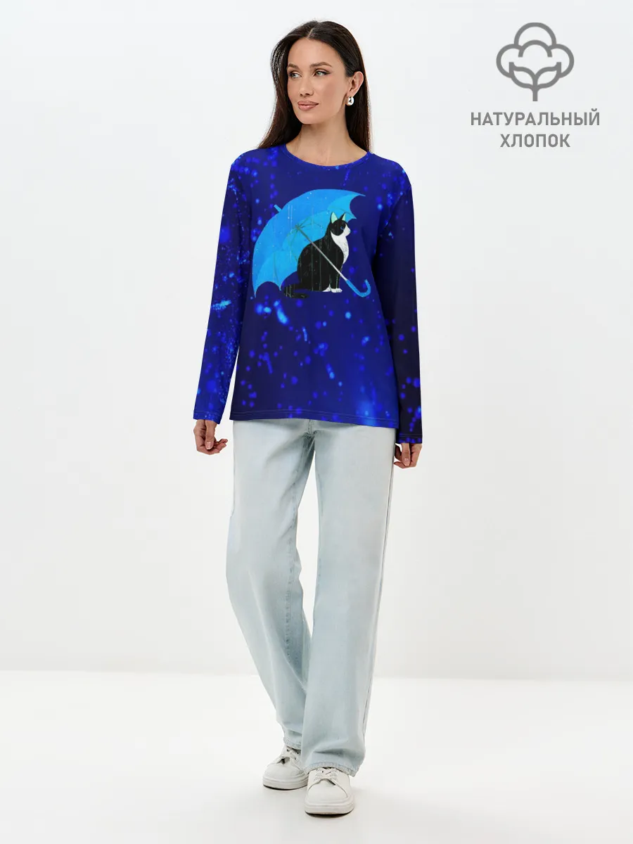 Лонгслив женский. Хлопок / Котик под Дождем