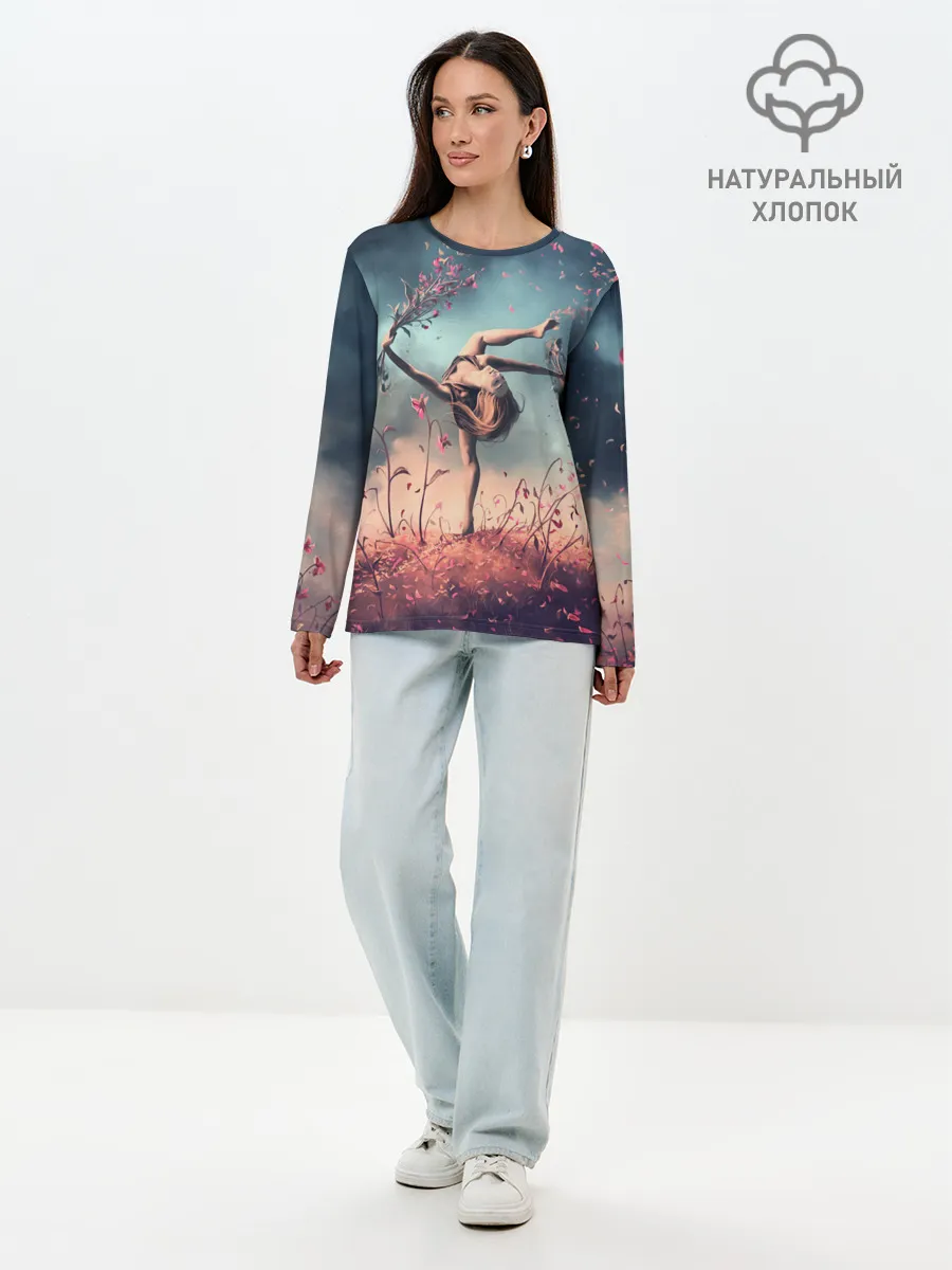 Лонгслив женский. Хлопок / Танцующая с цветами ведьма