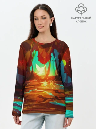 Лонгслив женский. Хлопок / Птица света в волшебном лесу