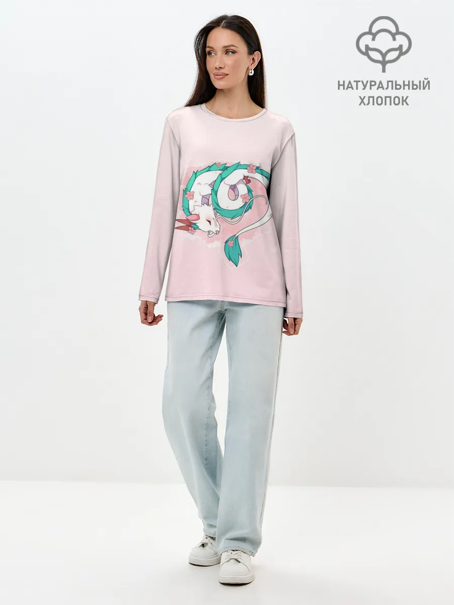 Лонгслив женский. Хлопок / Спящий дракон Хаку чиби цветы