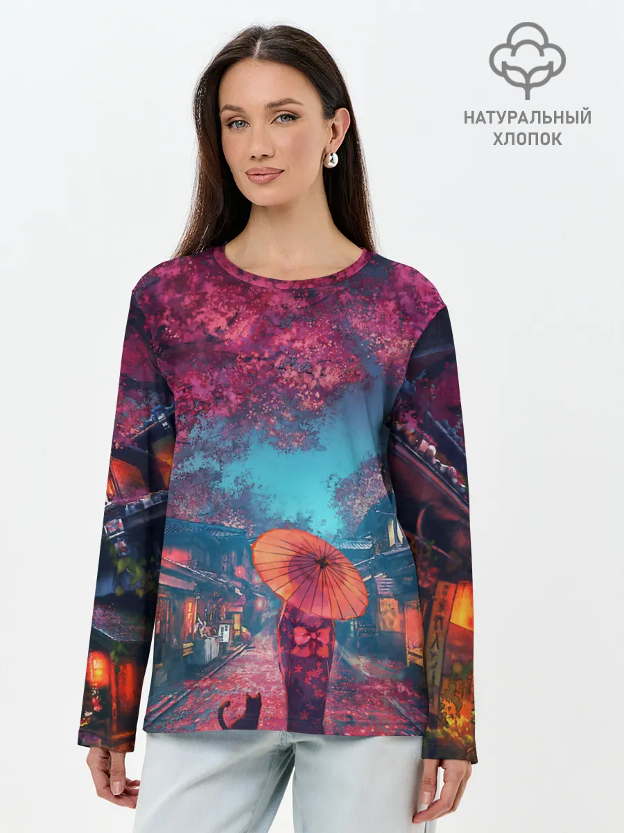 Лонгслив женский. Хлопок / Фестиваль сакуры кот и гейша