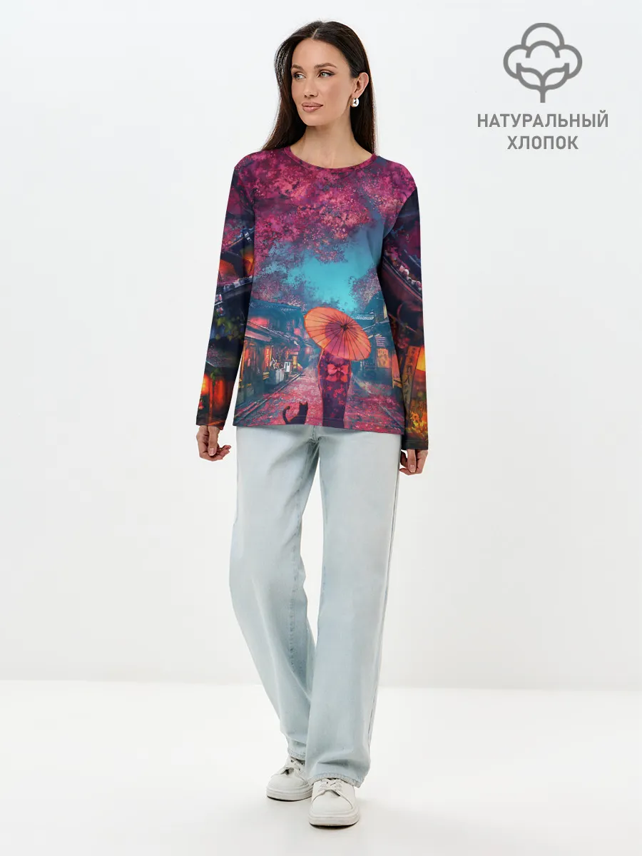 Лонгслив женский. Хлопок / Фестиваль сакуры кот и гейша