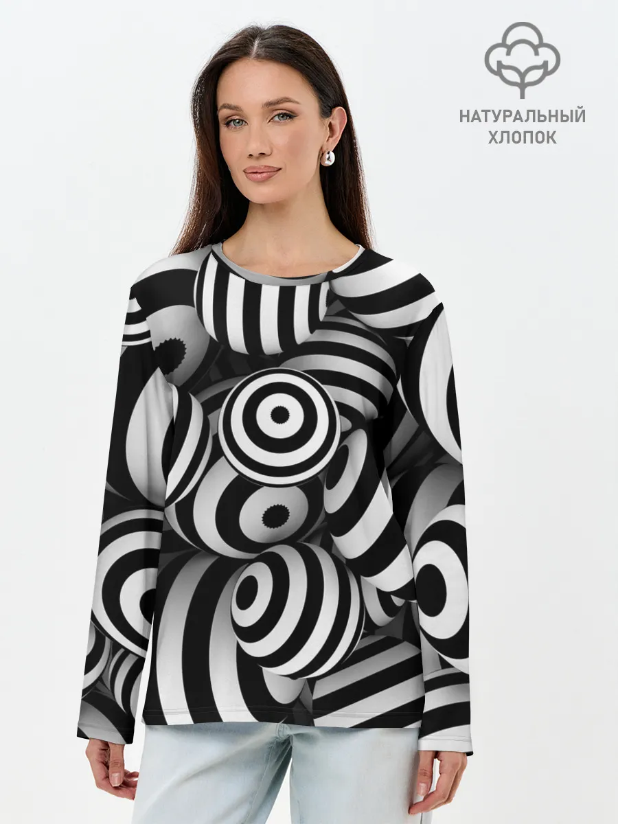 Лонгслив женский. Хлопок / Полосатые 3D круги
