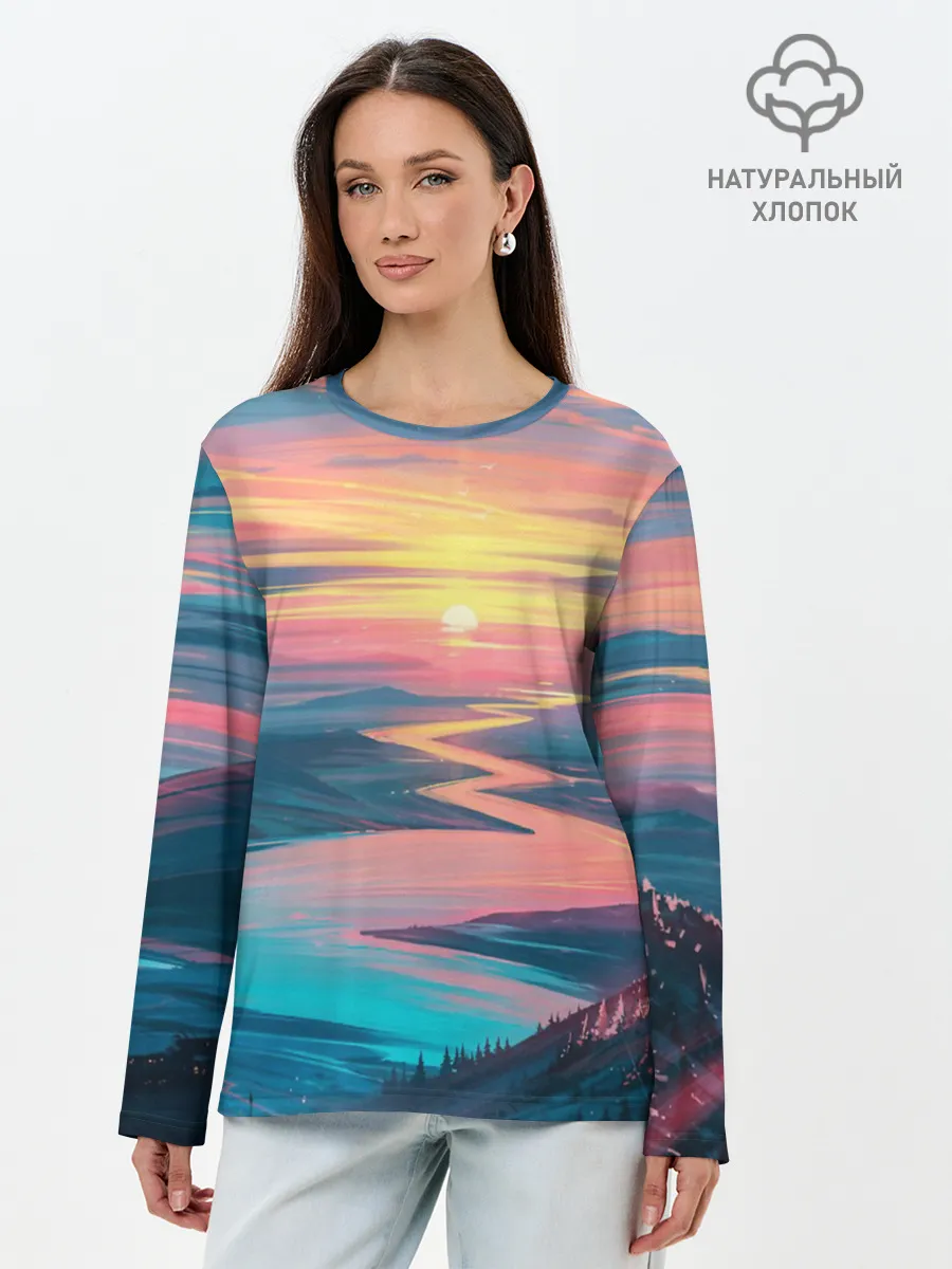 Лонгслив женский. Хлопок / Извилистая река закат природа
