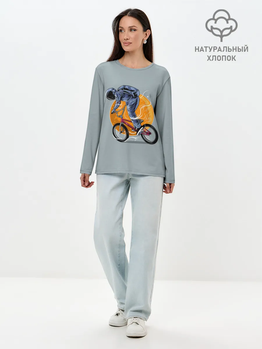 Лонгслив женский. Хлопок / Космический велосипедист