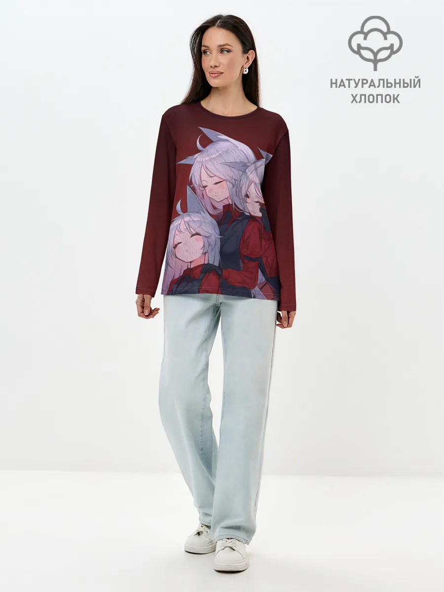 Лонгслив женский. Хлопок / Cerberus обнимаются втроем Helltaker