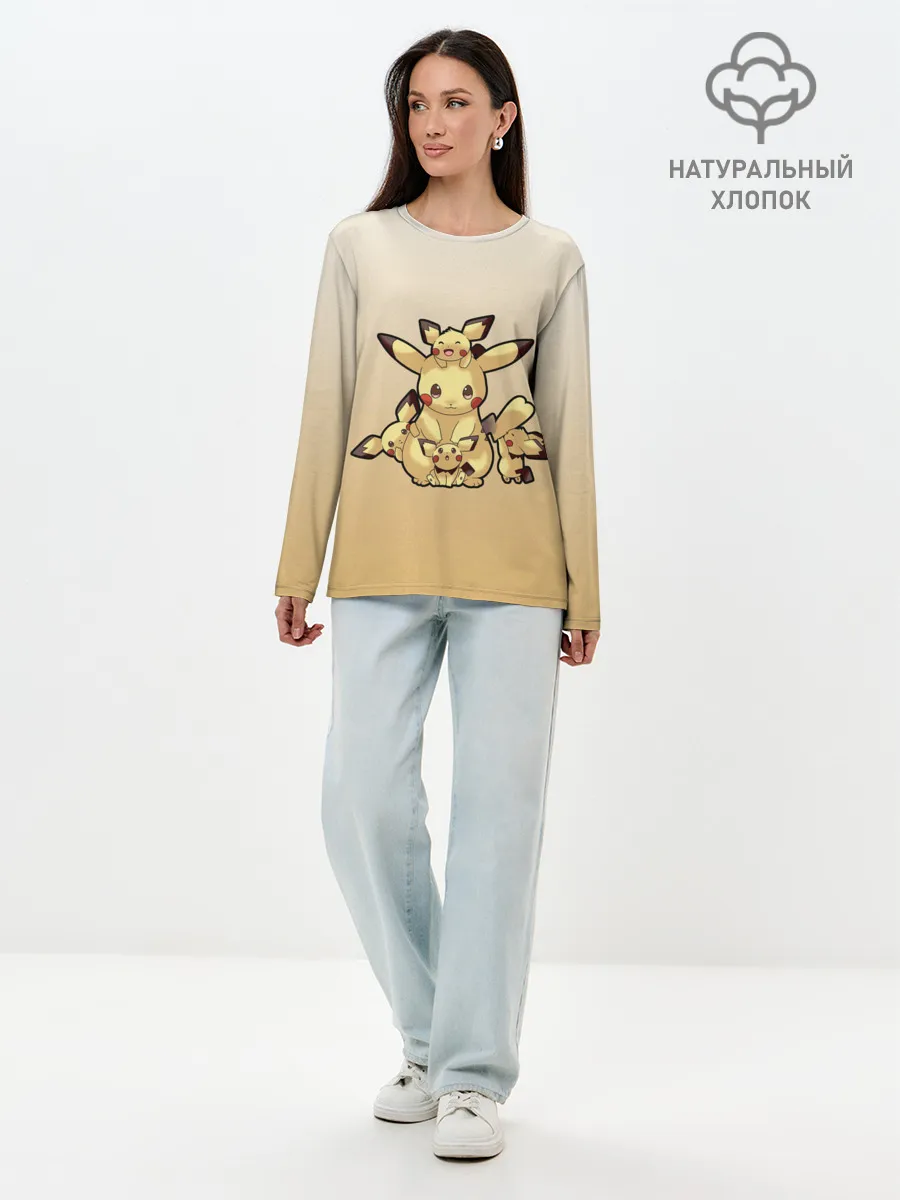 Лонгслив женский. Хлопок / Семейство Пикачу мило арт