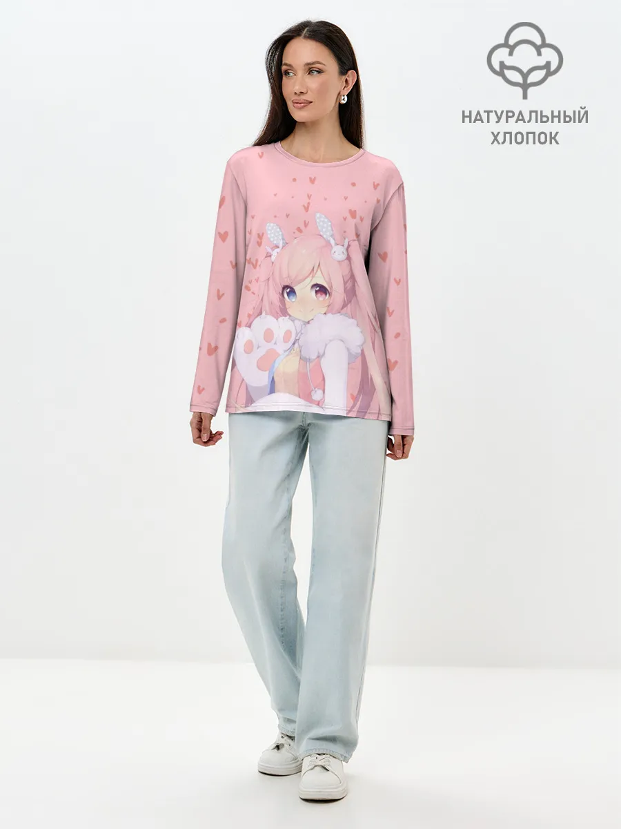 Лонгслив женский. Хлопок / Catgirl pink
